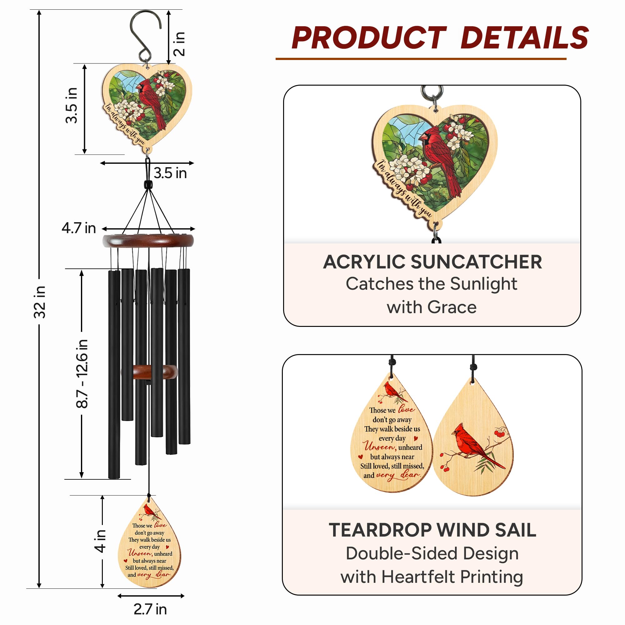 FlagWIX wind chime with six aluminum tubes and pinewood top for durable year-round display.