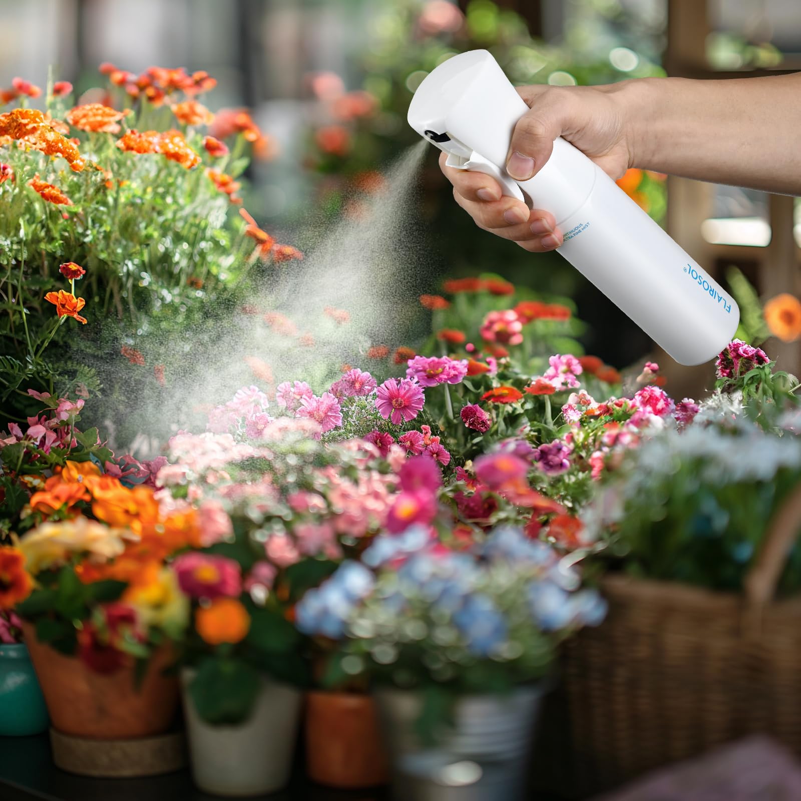 FLAIROSOL ergonomic, leak-proof bottle delivers quiet spritz.