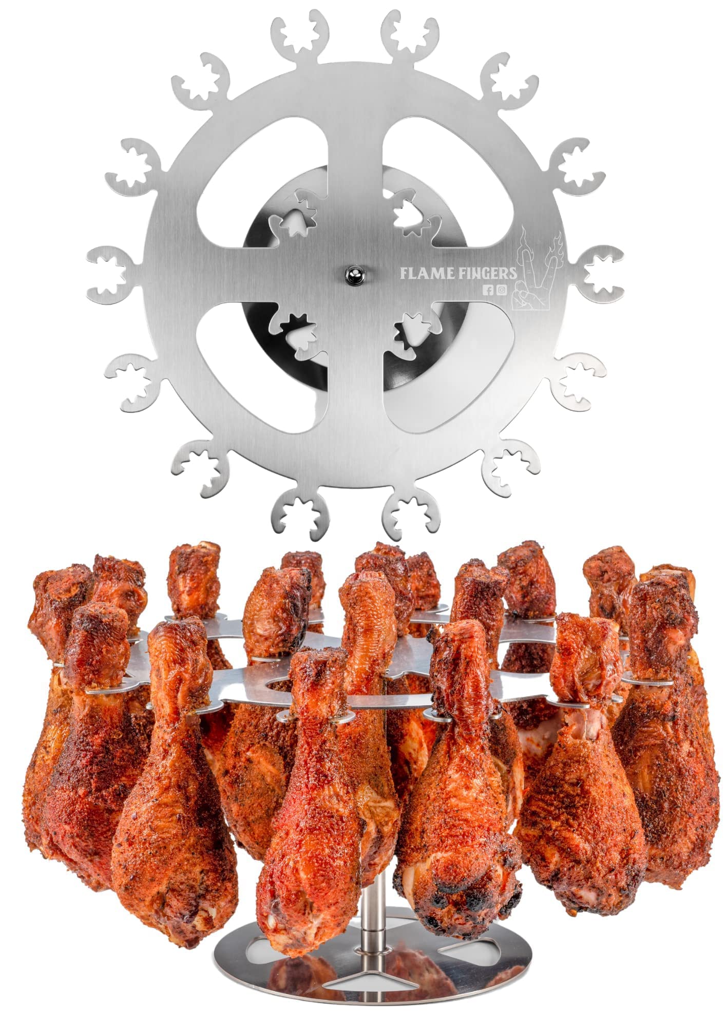 Flame Fingers XL rack assembly shows compact setup for even cooking.