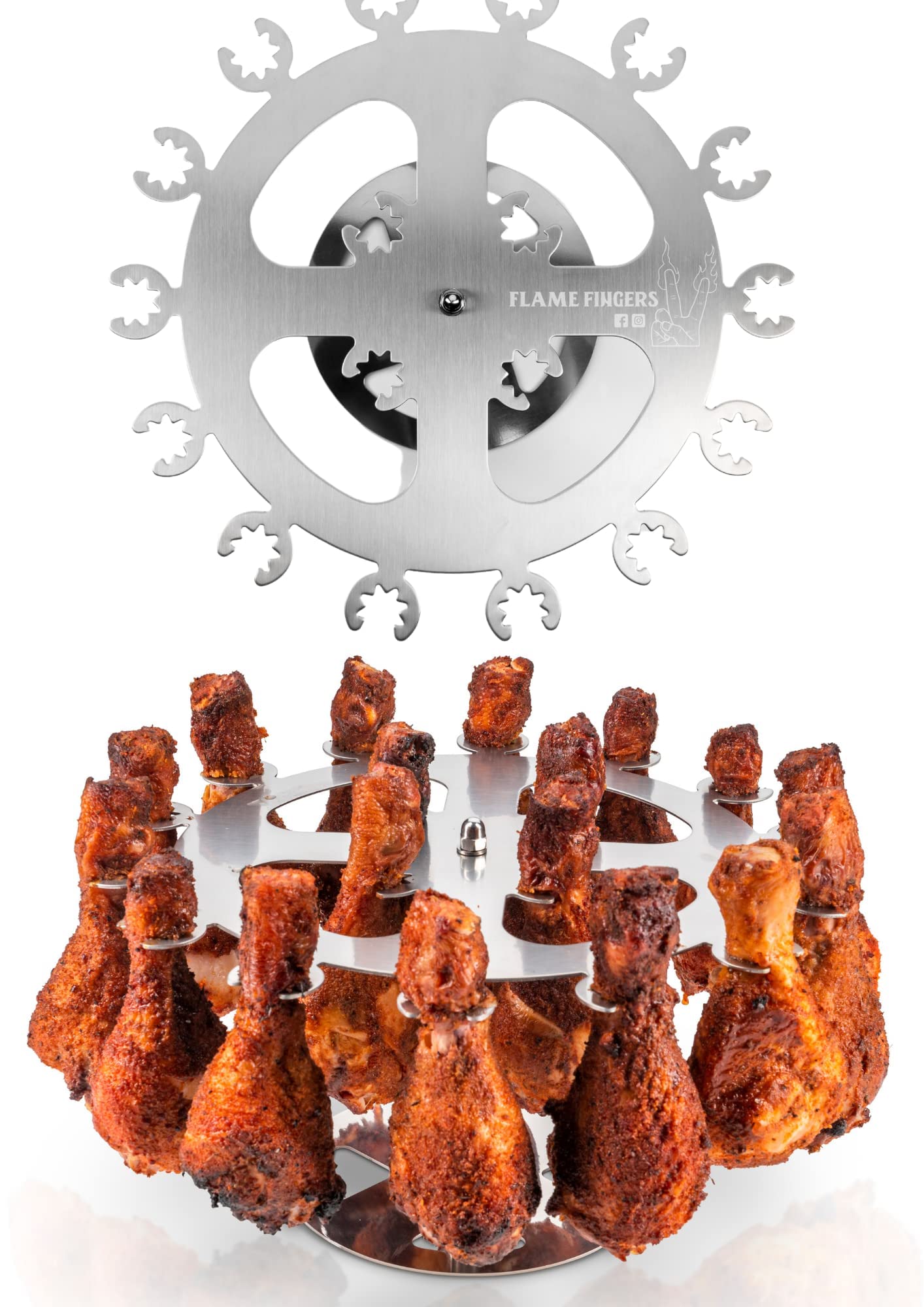 Flame Fingers XL prep-ready rack supports versatile poultry cooking.