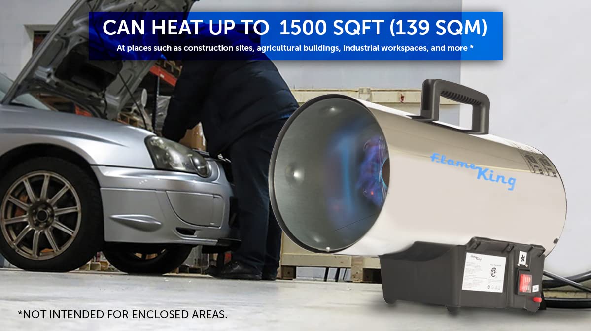 Flame King 60,000 BTU heater side profile showing portability.