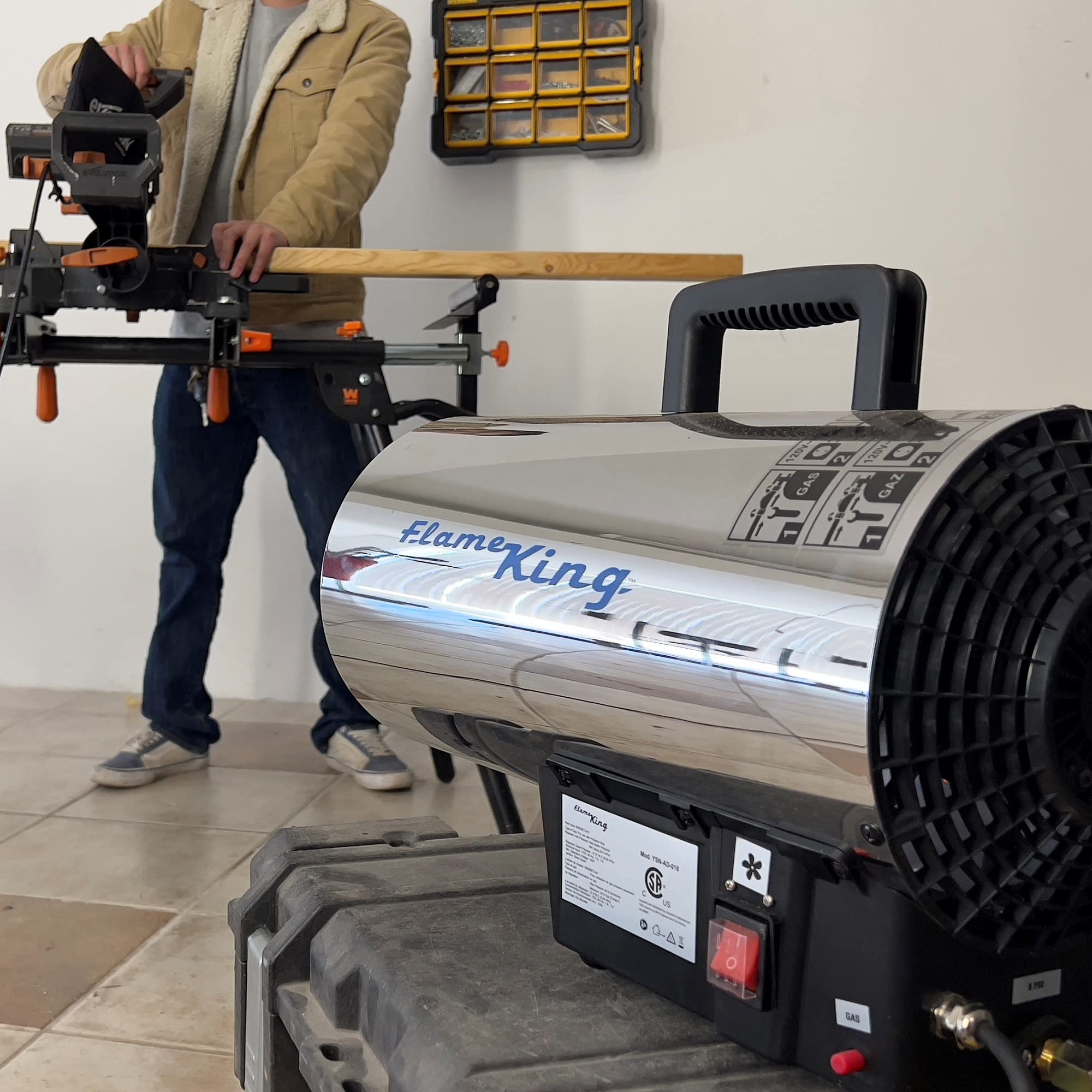 Flame King 60,000 BTU heater stainless steel body design.