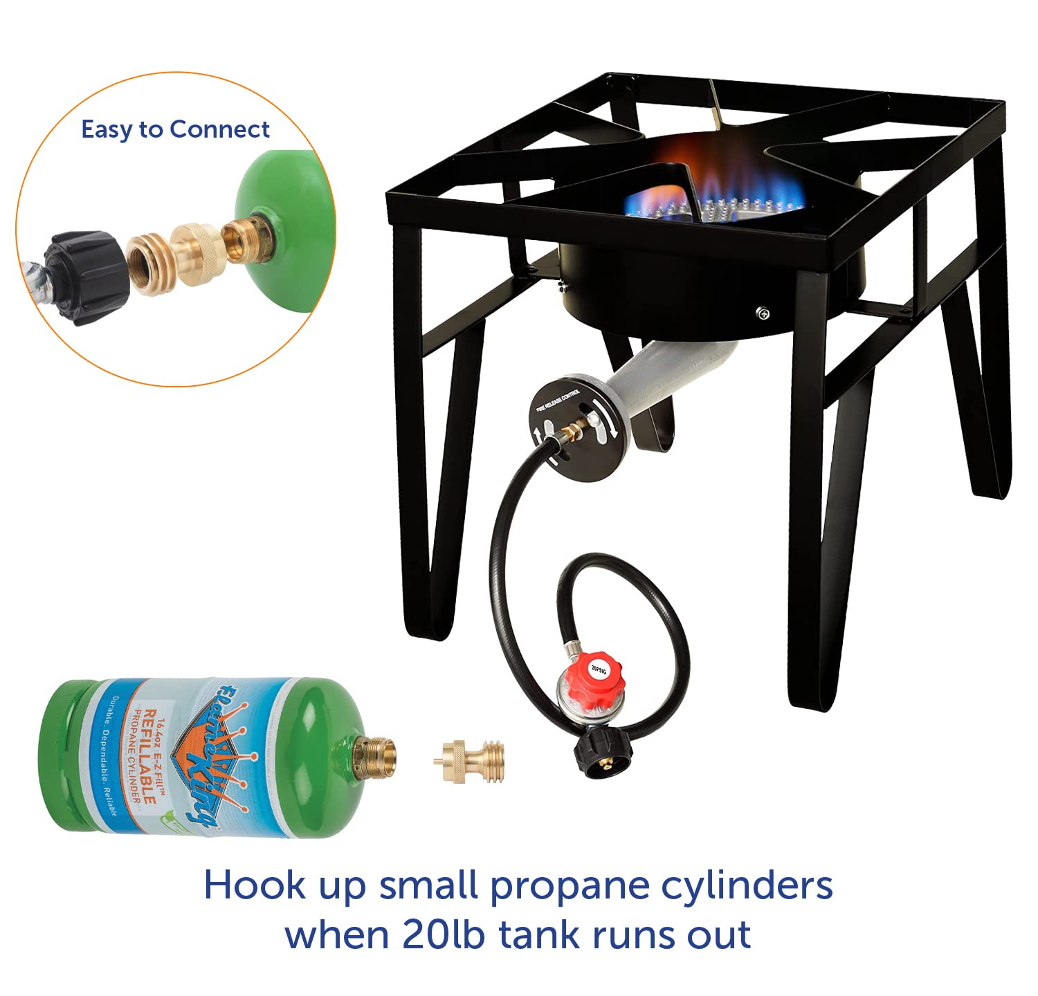 Flame King adapter attached to hose indicates reliable fuel transfer between tanks.