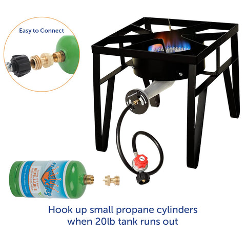 Flame King adapter attached to hose indicates reliable fuel transfer between tanks.