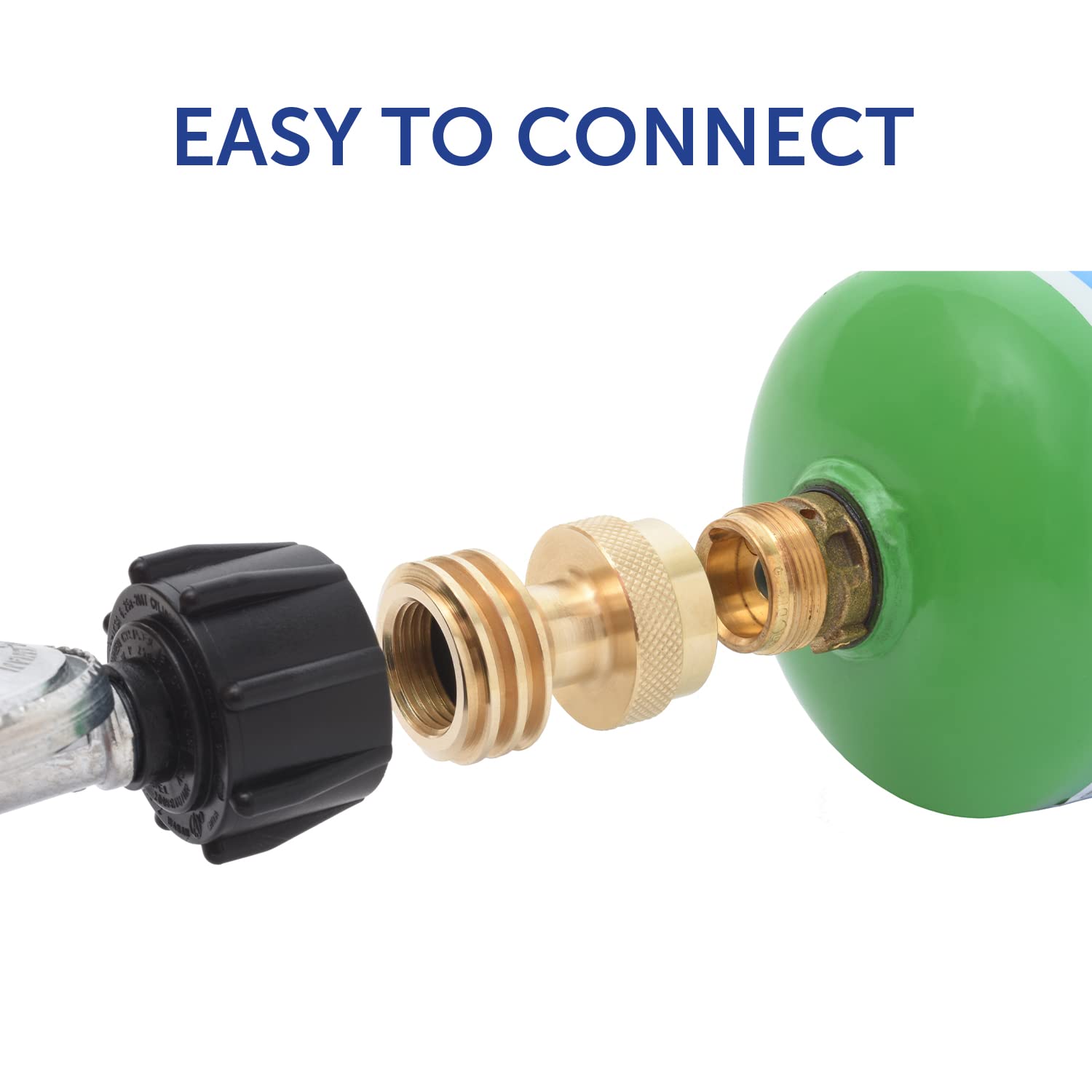 Compact brass adapter shown with hose for easy grill and camping setup.