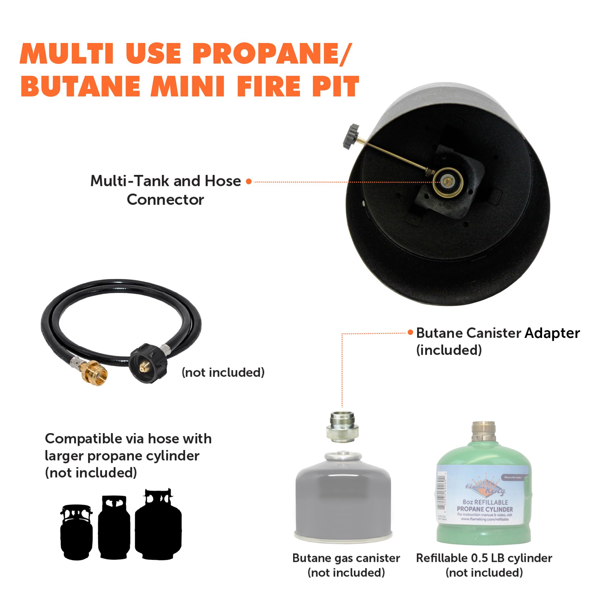Flame King mini tabletop fire pit includes adapter for seamless propane-butane operation