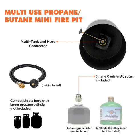 Flame King mini tabletop fire pit includes adapter for seamless propane-butane operation