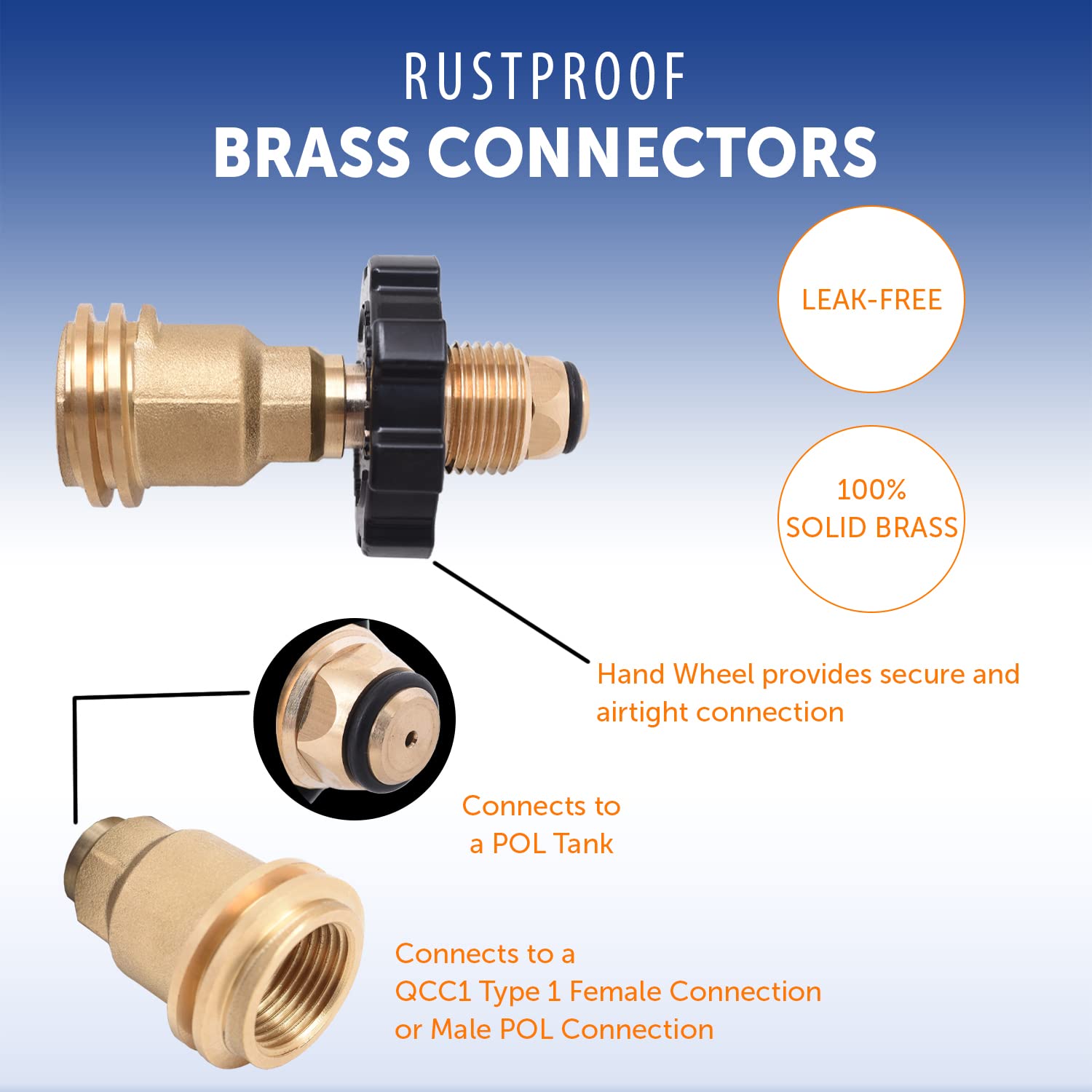 Flame King POL to QCC1 adapter features a handwheel for a secure connection.