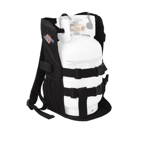 Flame King propane backpack secures a 5lb tank with a reliable top clip for safer transport.