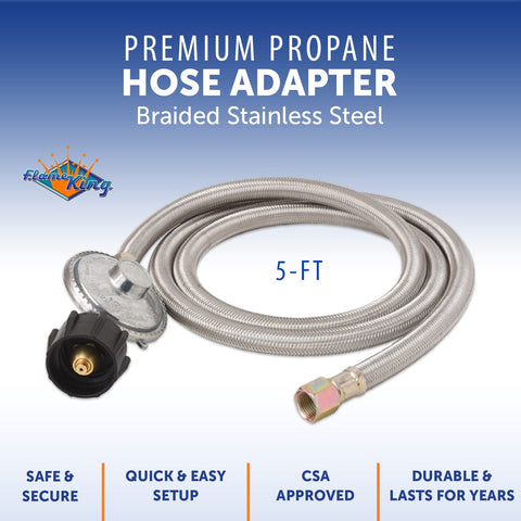 Flame King QCC1 Type1 connectors illustrate secure propane connections.