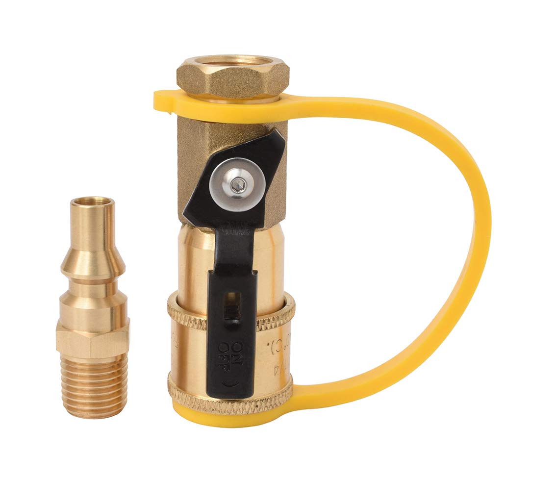 Flame King brass quick-connect adapter for safe RV propane connections.