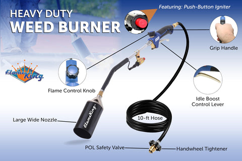 Flame King torch includes a 10-foot hose for reaching distant areas