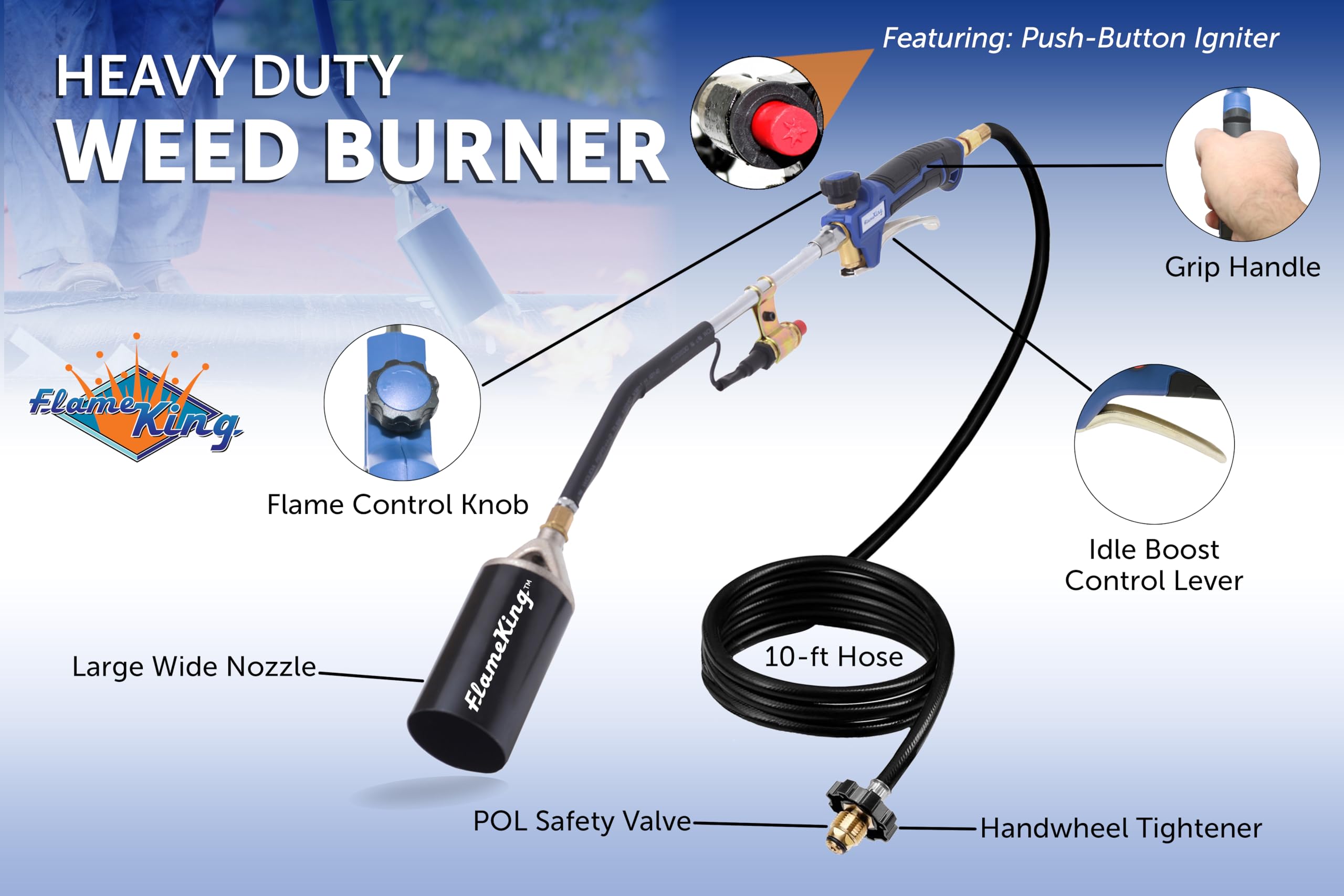 Flame King torch handle with ergonomic design for precise control.