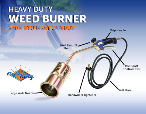 Flame King torch with 6-foot hose regulator for extended reach on outdoor jobs