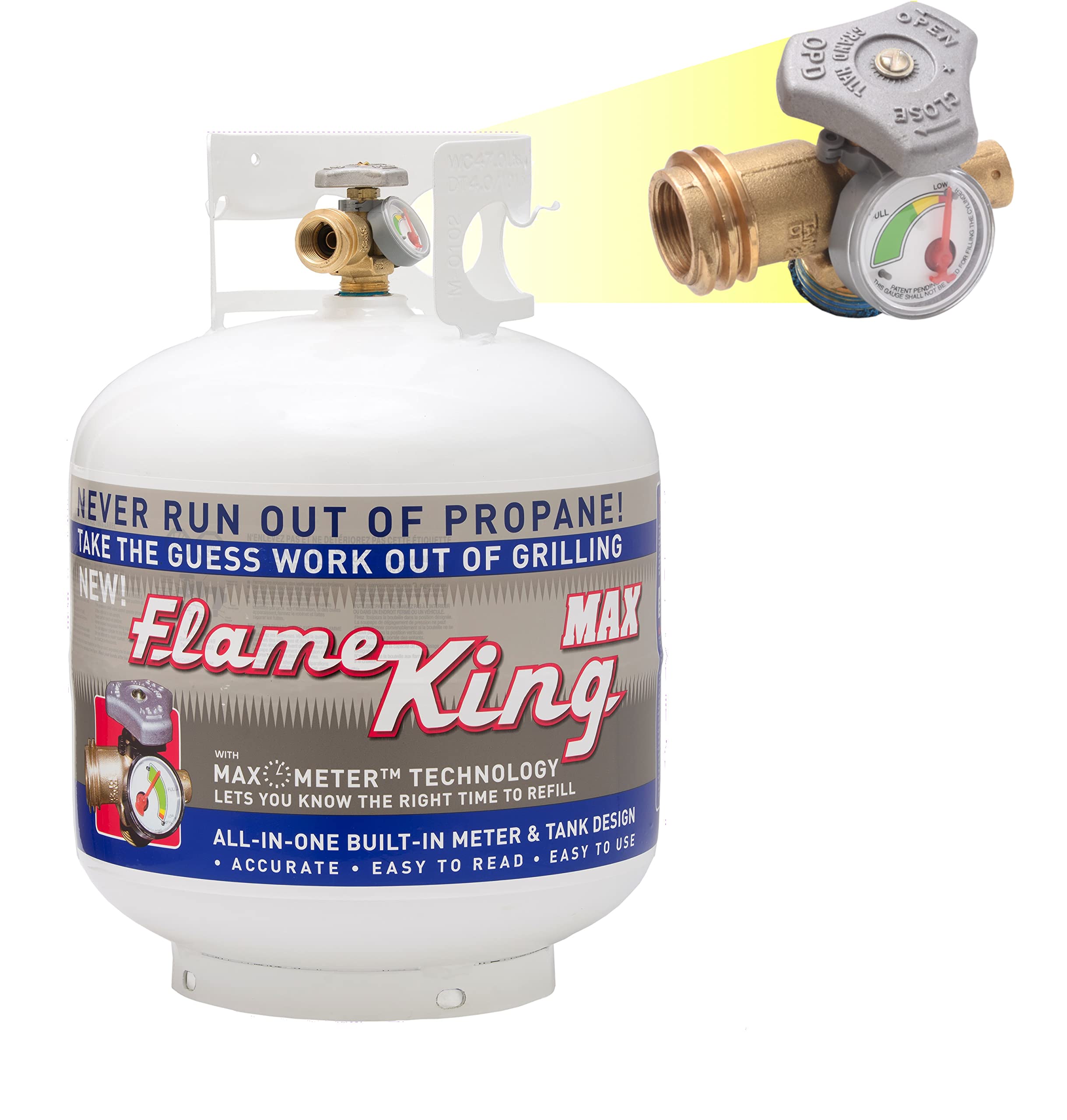 Flame King YSN230b gauge reading shows propane level for outdoor cooking.
