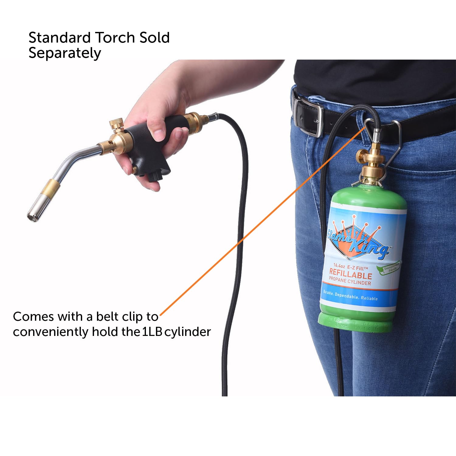 Belt clip securely holds the cylinder away from the work area on Flame King extension hose.