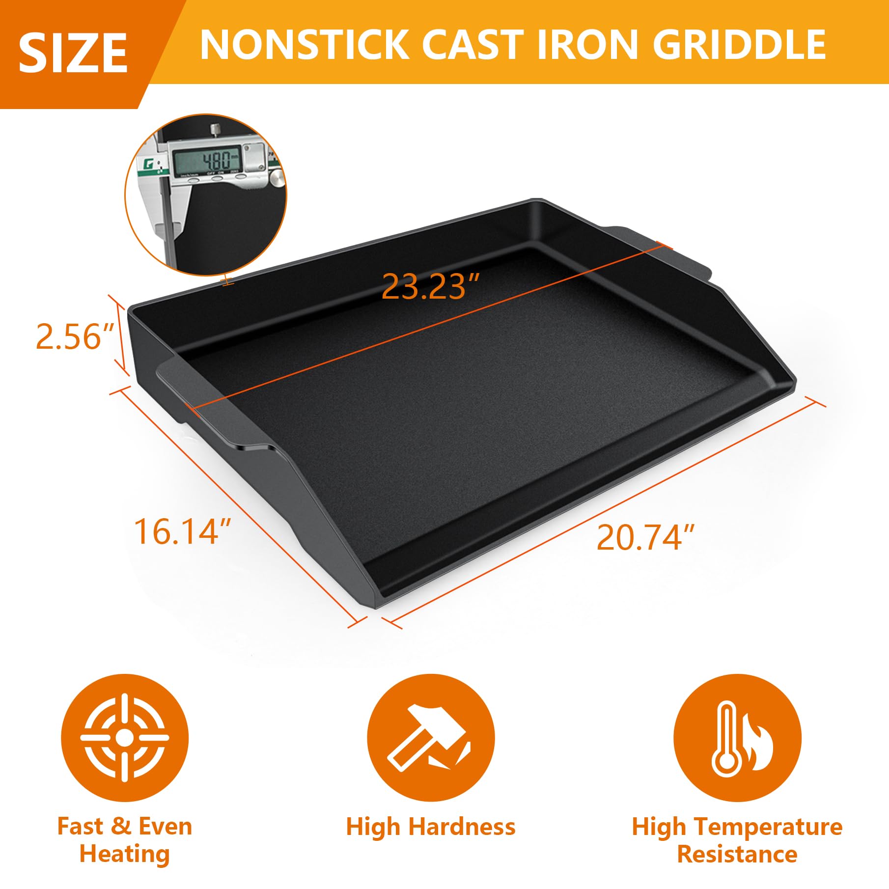 FlameDuty griddle shows grease trough catching juices for tidy cooking