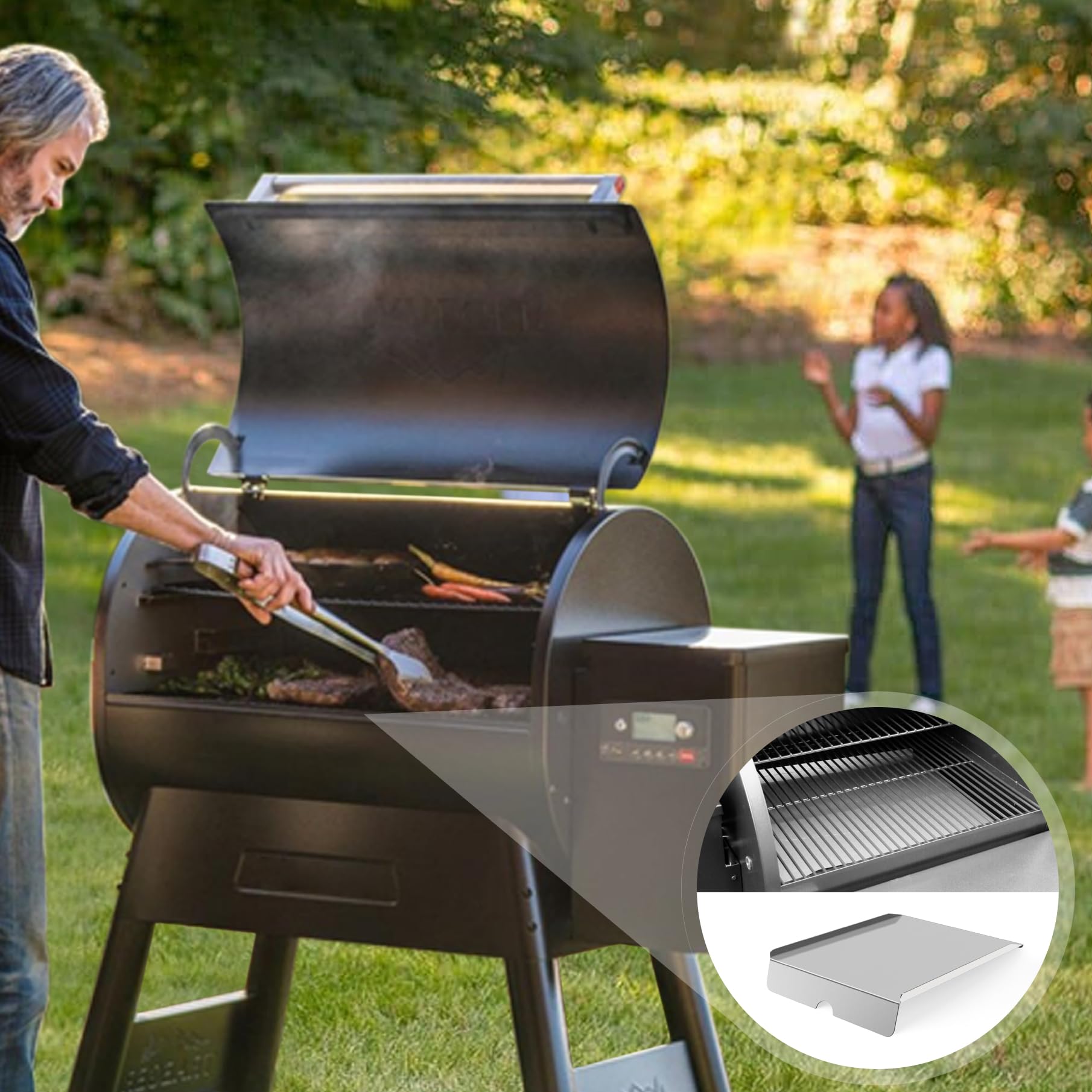 Grease management design reduces buildup and simplifies cleanup after long cooks.