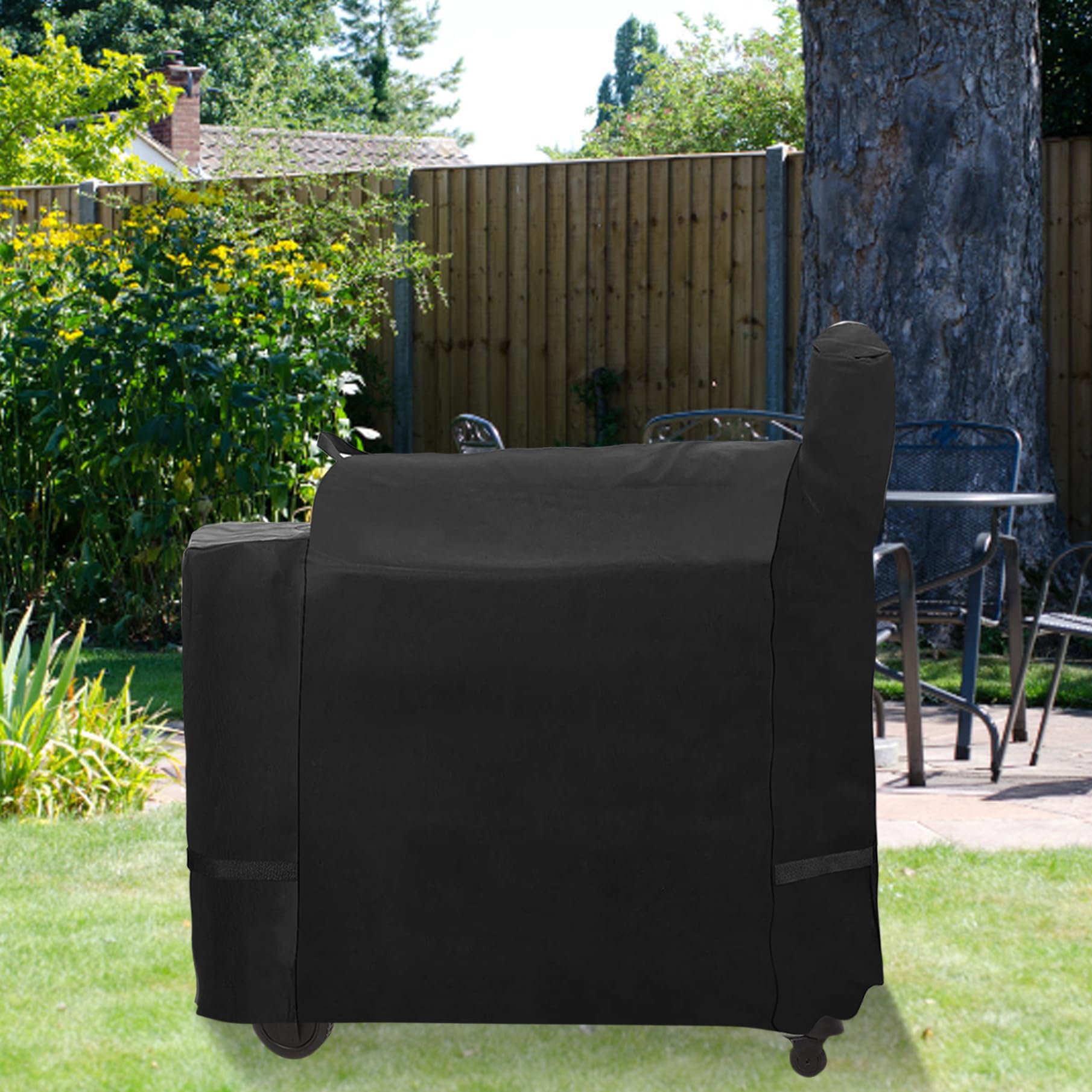 FlameDuty large 59-inch cover securing against strong winds