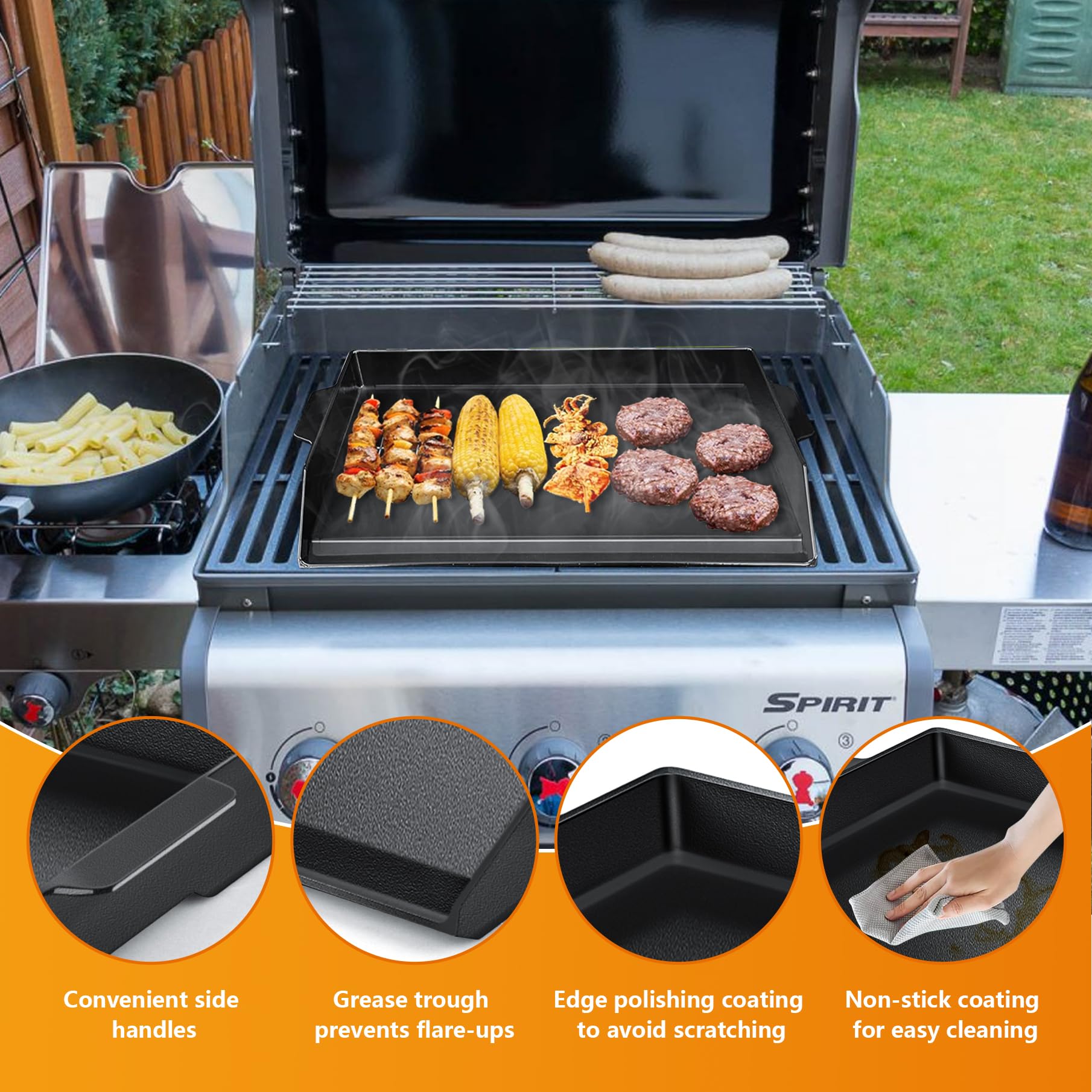 FlameDuty cast iron griddle features two side handles for portability
