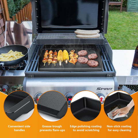 FlameDuty cast iron griddle features two side handles for portability