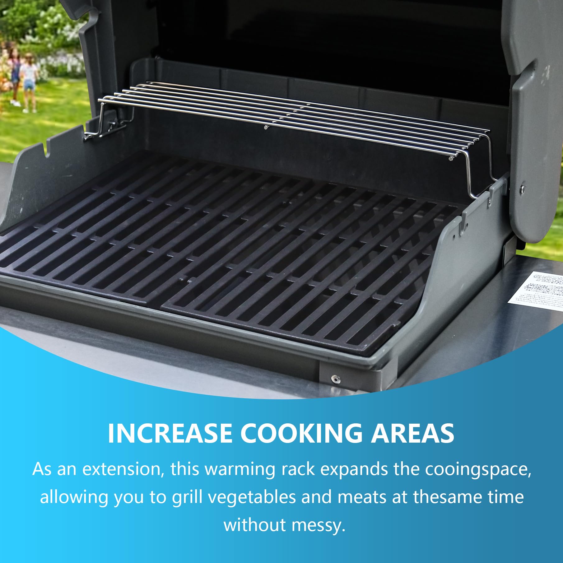 Easy-to-install FlameDuty warming rack with a smooth, cleanable surface.