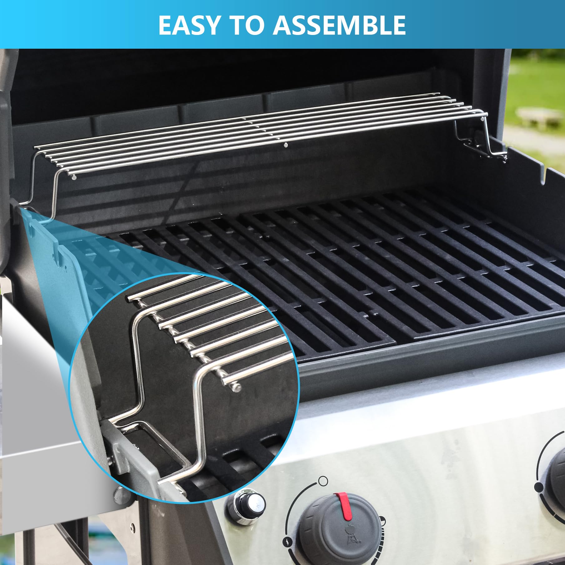 Close-up of FlameDuty stainless steel warming rack surface for durability.