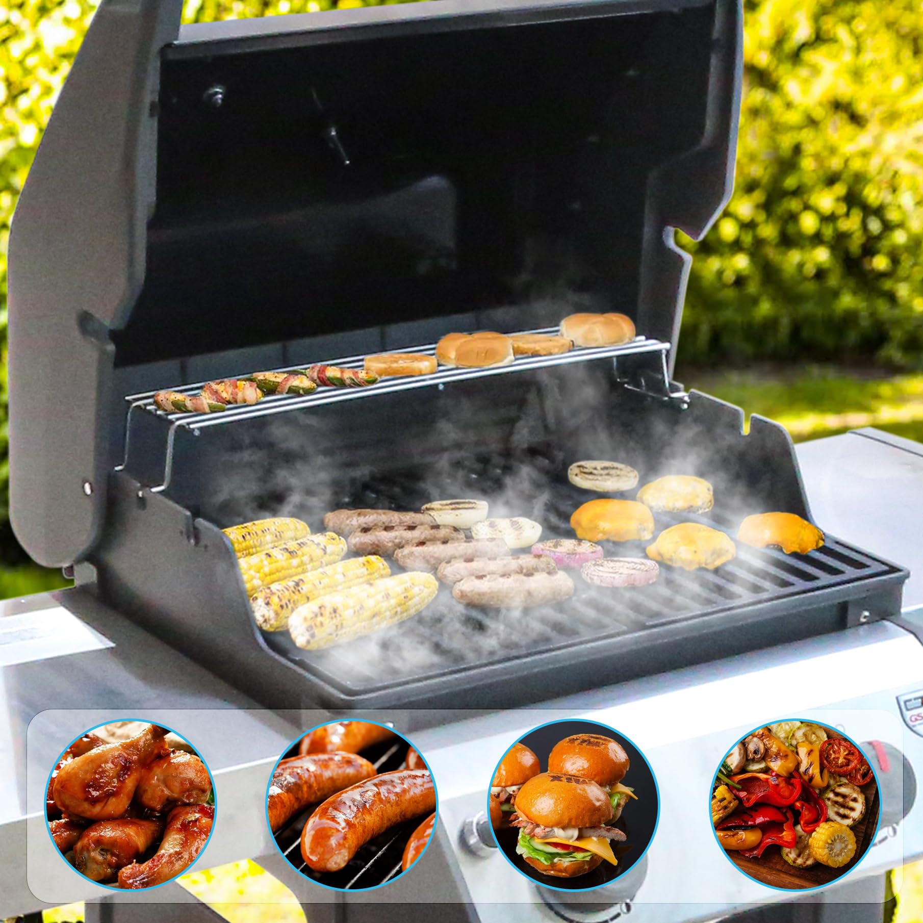 FlameDuty warming rack demonstrating compatibility with Weber models and replacements.