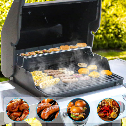 FlameDuty warming rack demonstrating compatibility with Weber models and replacements.