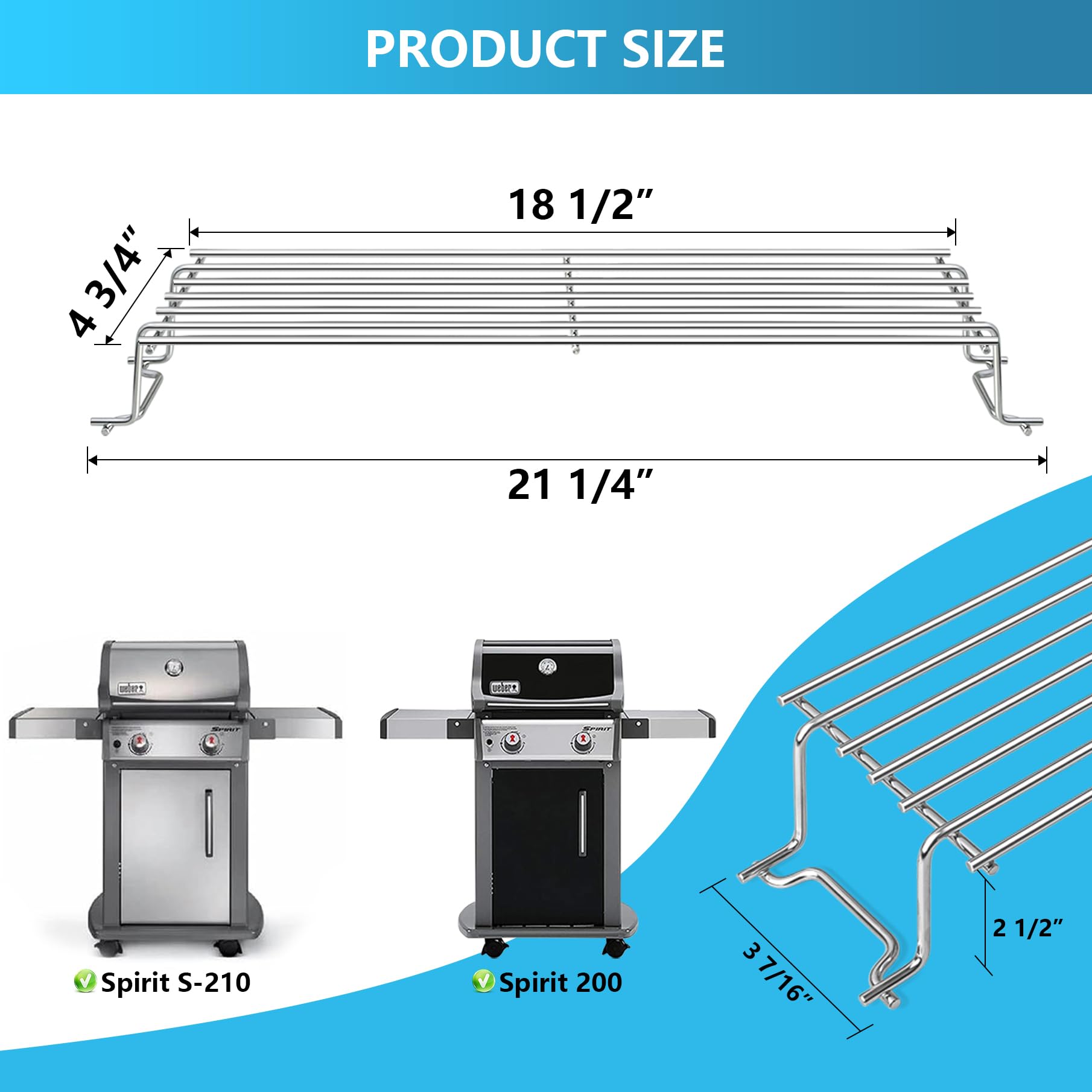 FlameDuty stainless steel warming rack on Weber Spirit II 200-series setup.