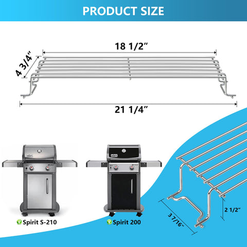 FlameDuty stainless steel warming rack on Weber Spirit II 200-series setup.