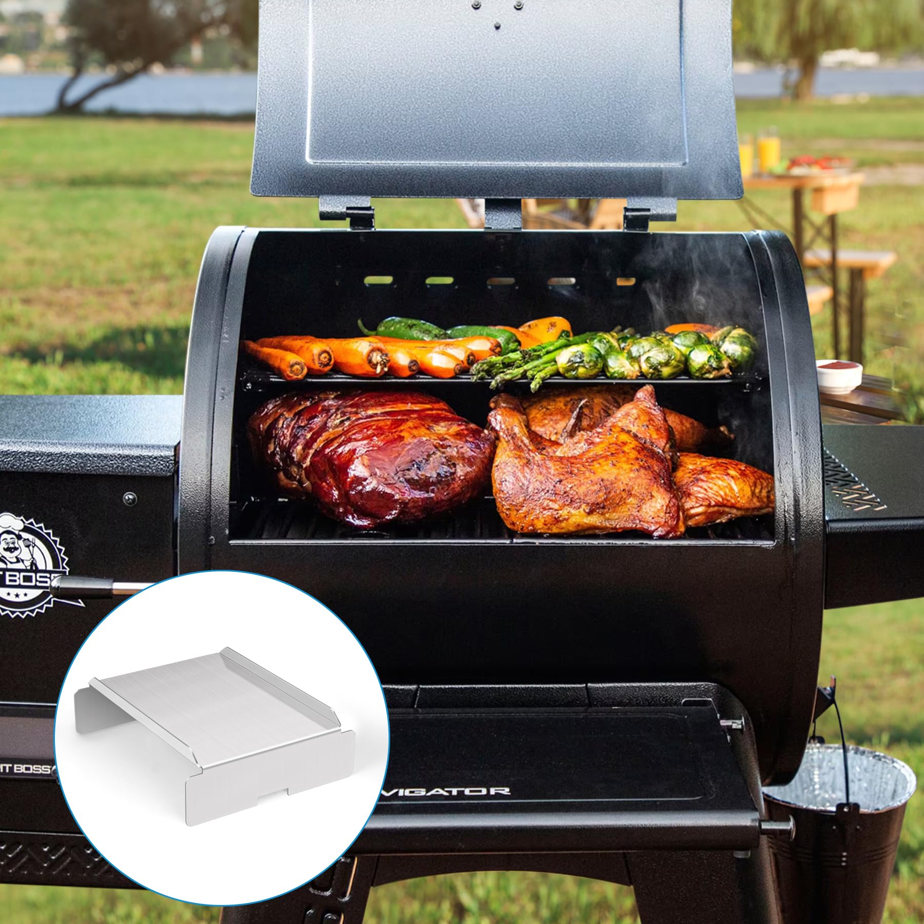 FlameDuty premium diffuser helps reduce flare-ups and promote even searing.
