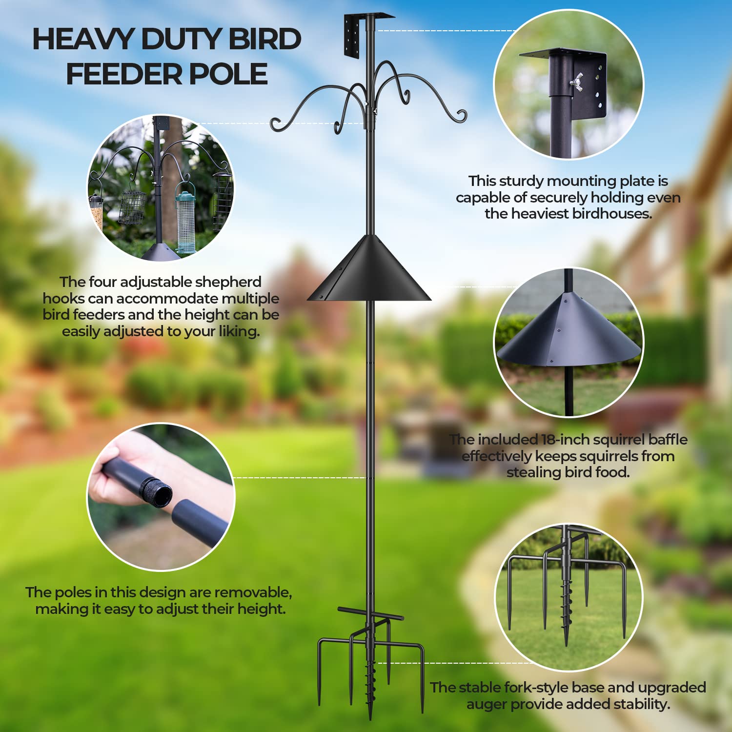 Flanagan bird feeder pole threaded connection enables quick height adjustment.