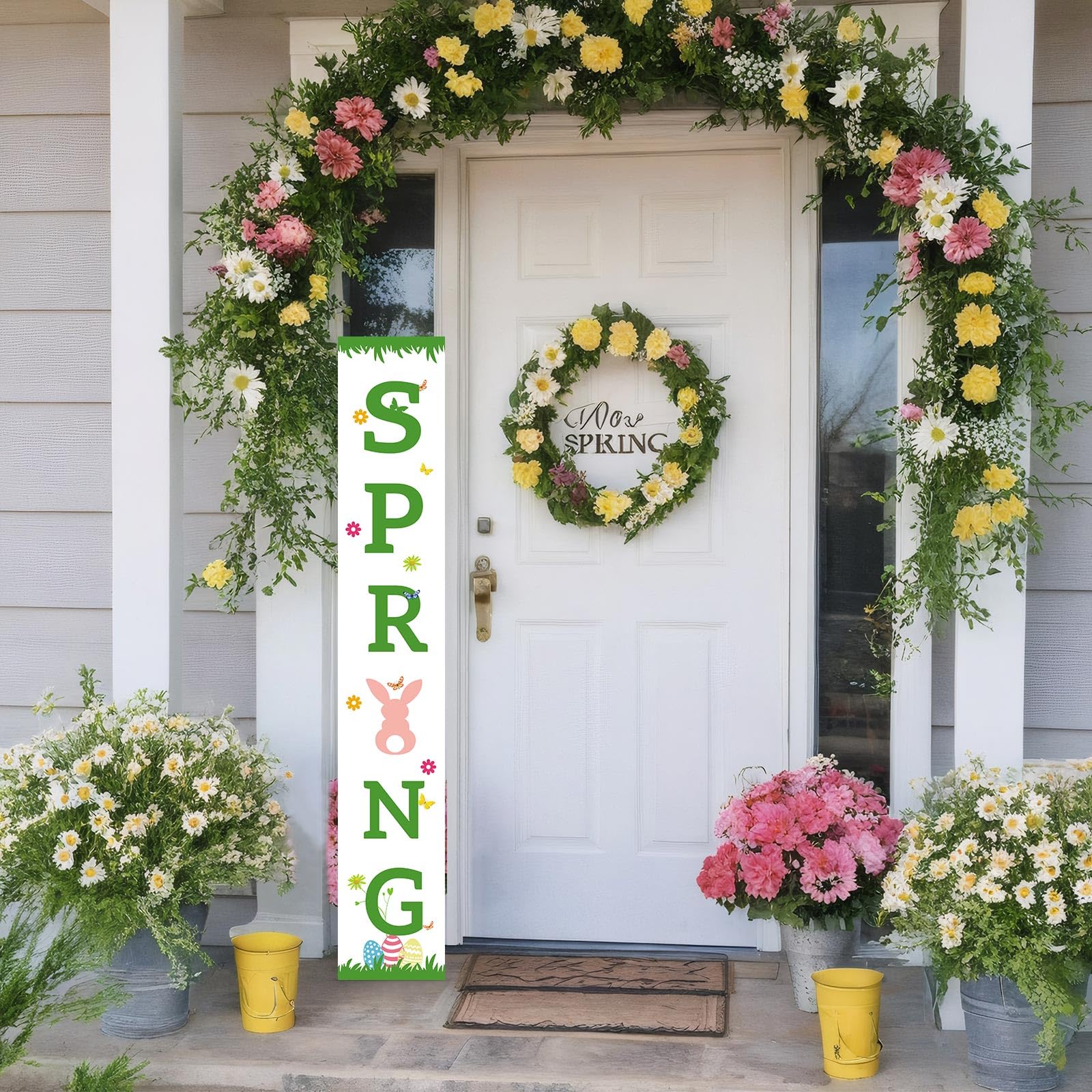 Flangairy spring motif porch decor adds seasonal charm to any entryway.