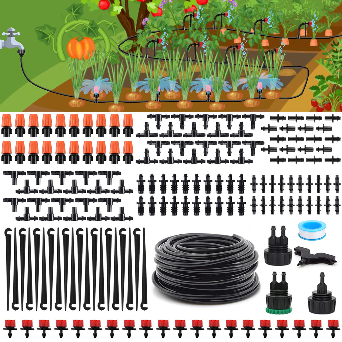 Flantor drip irrigation kit overview with compact components for easy setup.