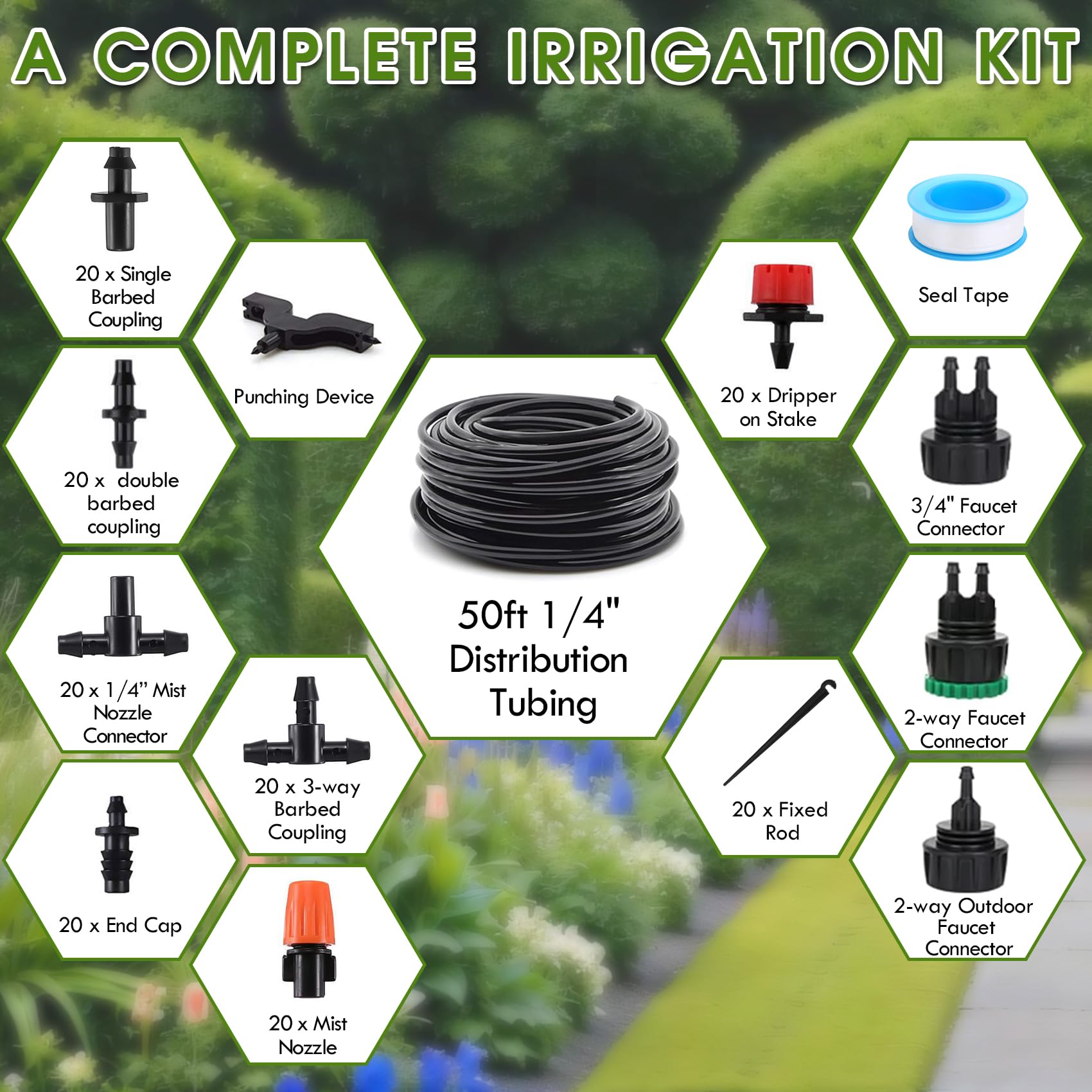 Flantor irrigation kit suitable for greenhouse or garden use.