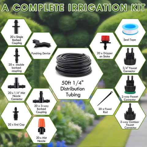 Flantor irrigation kit suitable for greenhouse or garden use.