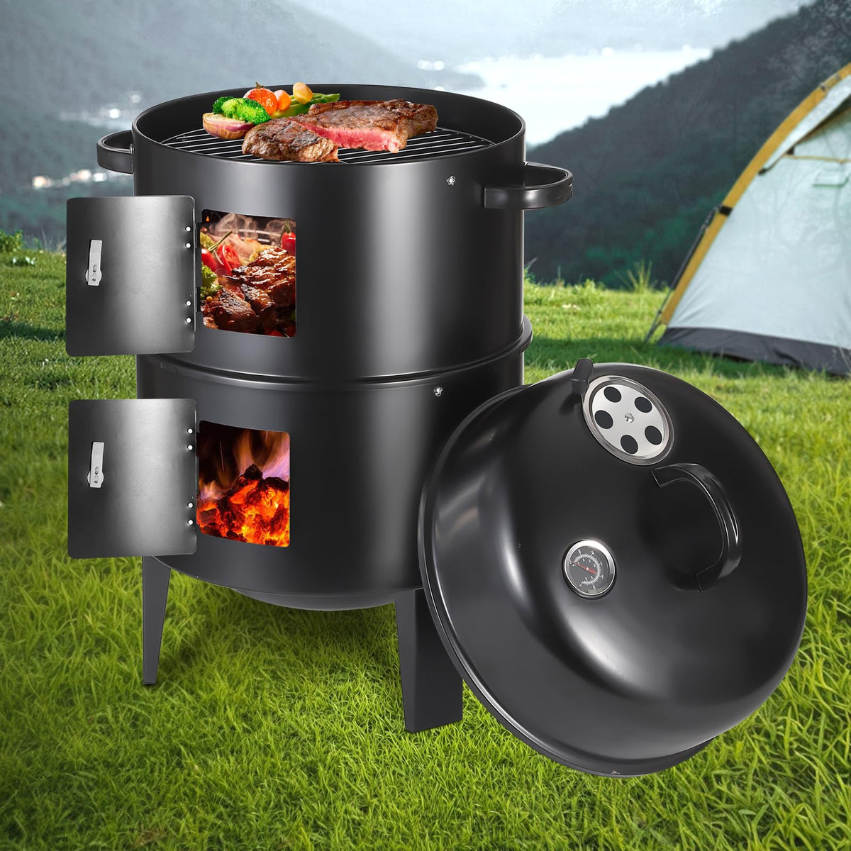 Flaryth vertical 17inch charcoal smoker highlights compact design for easy backyard grilling.