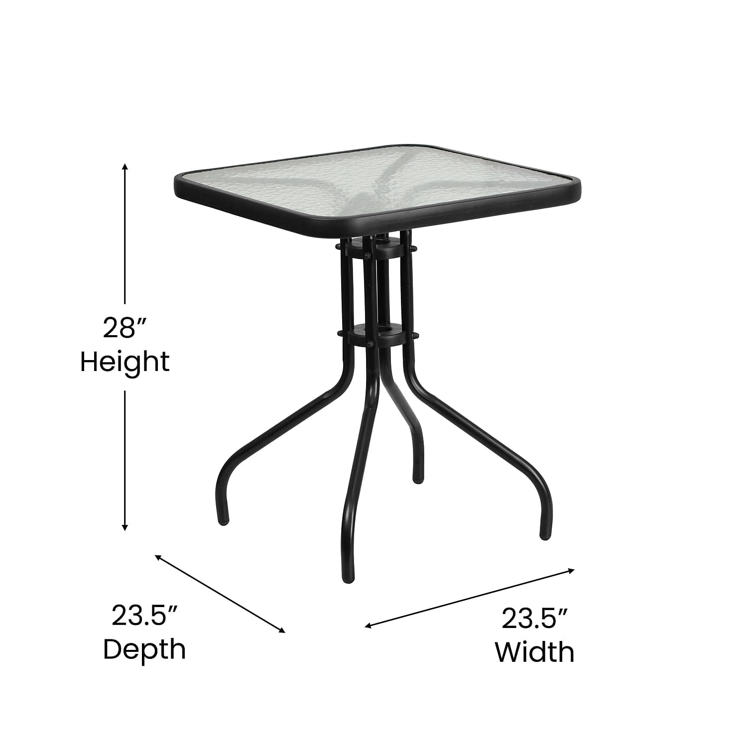 Flash Furniture Barker 23.5-inch square outdoor table highlighting powder-coated legs and all-weather build.