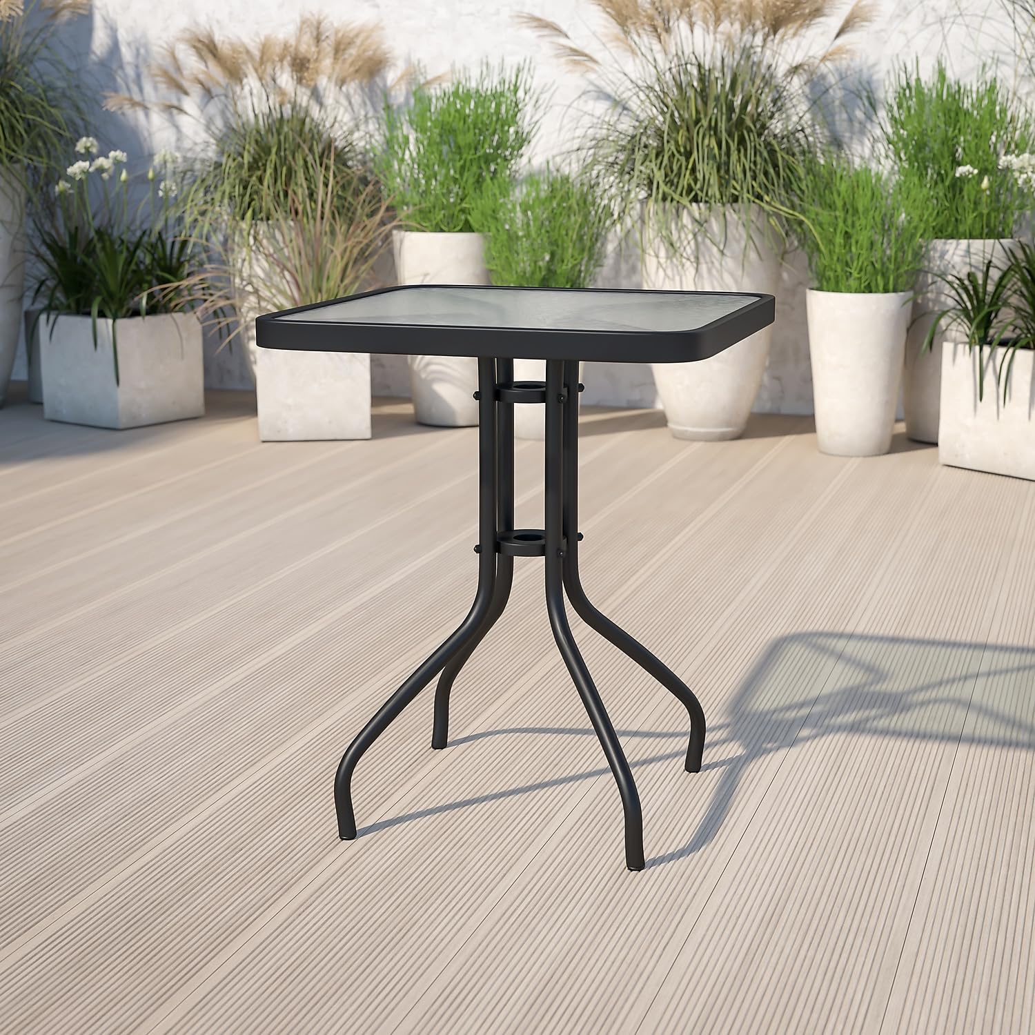 Flash Furniture Barker 23.5-inch square table showing ripple glass detail for modern outdoor style.