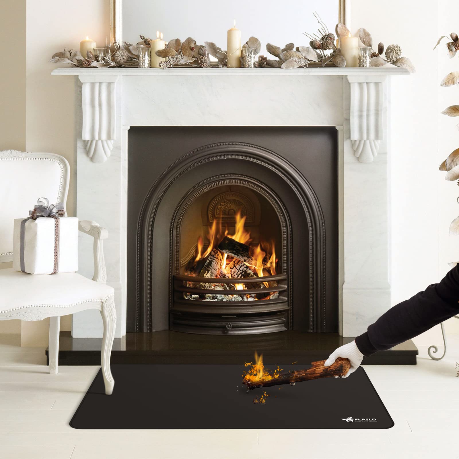 FLASLD fire-resistant hearth rug under fireplace guards surfaces from heat.