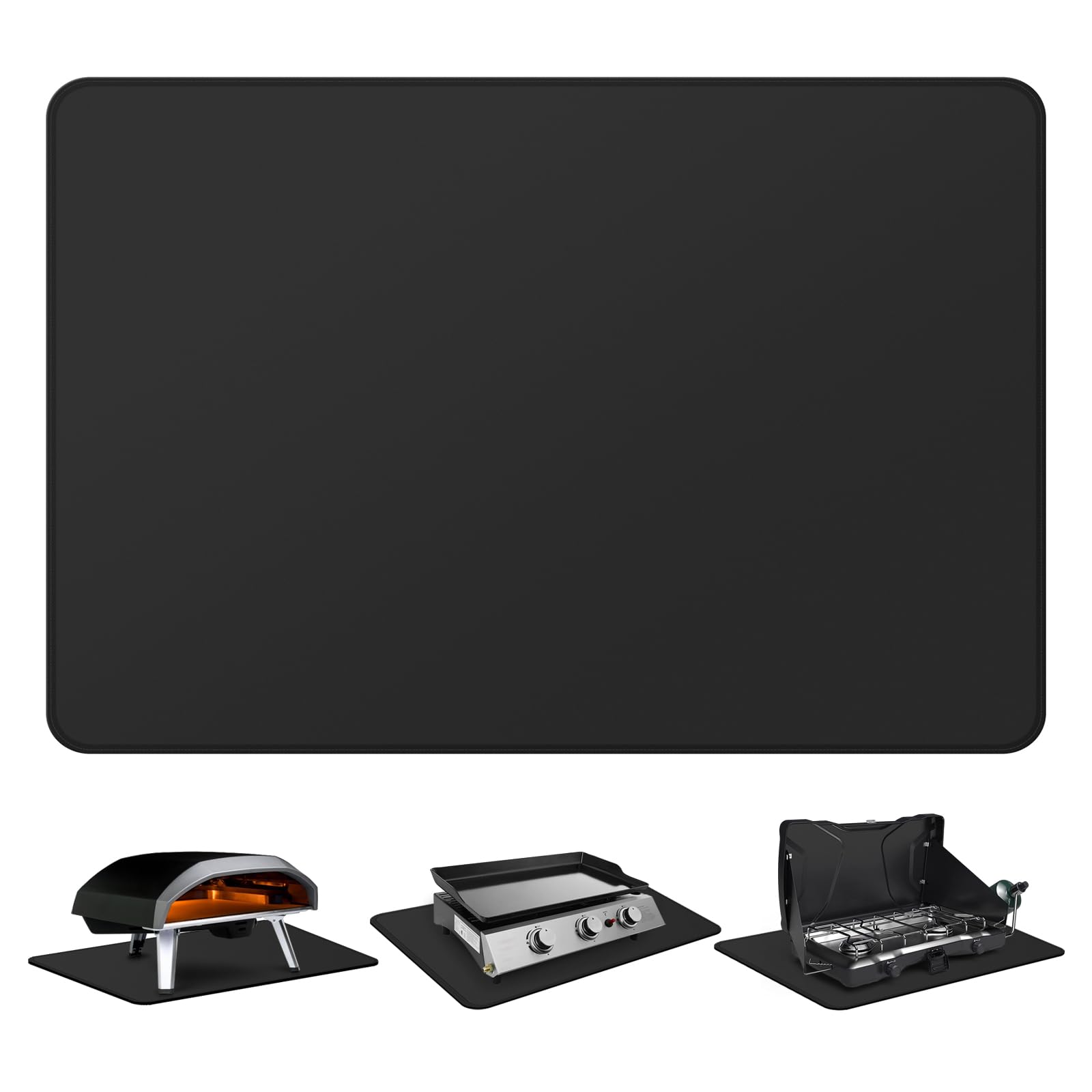 FLASLD fireproof bbq mat placed under a Blackstone griddle protecting the surface from heat.