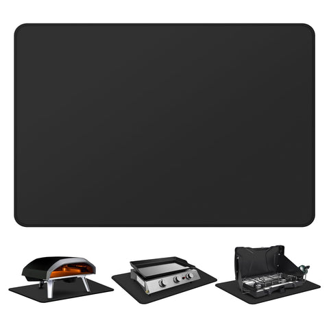 FLASLD fireproof bbq mat placed under a Blackstone griddle protecting the surface from heat.
