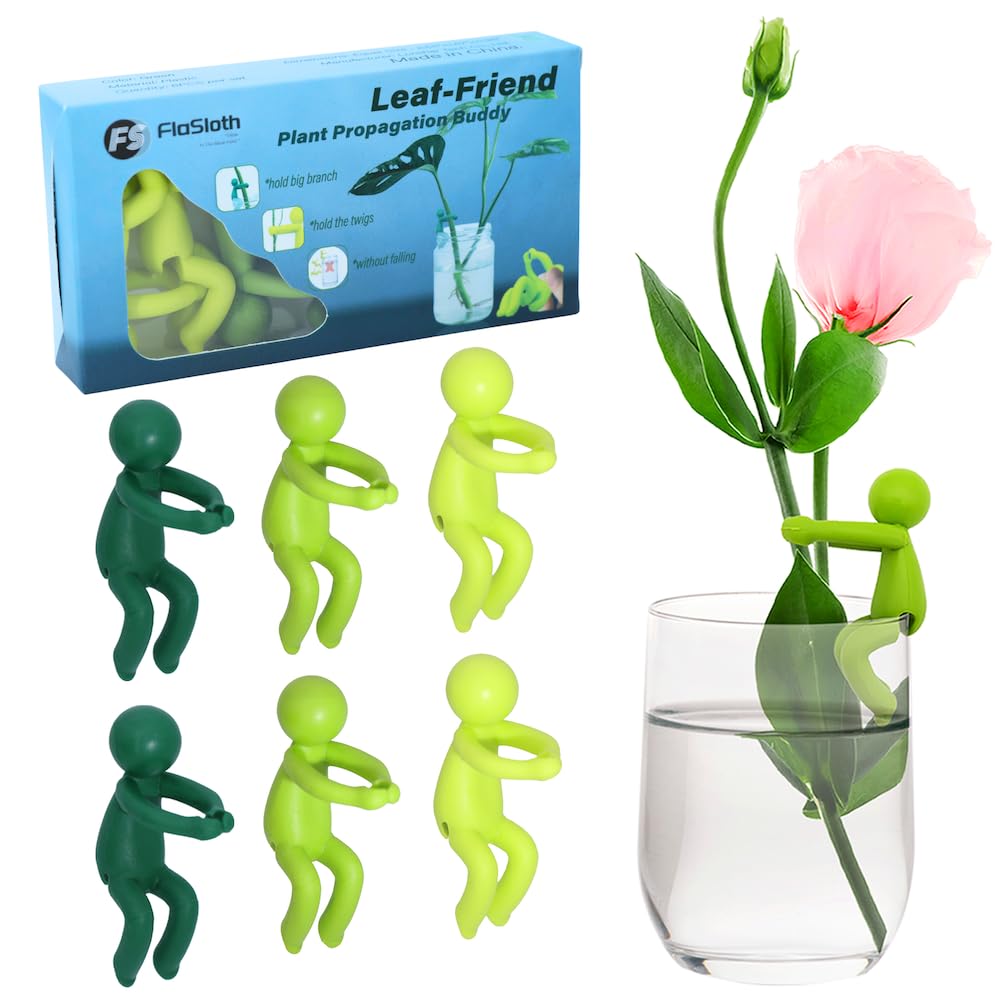 FlaSloth Leaf Friend propagation buddy attached to vase supporting sprouts