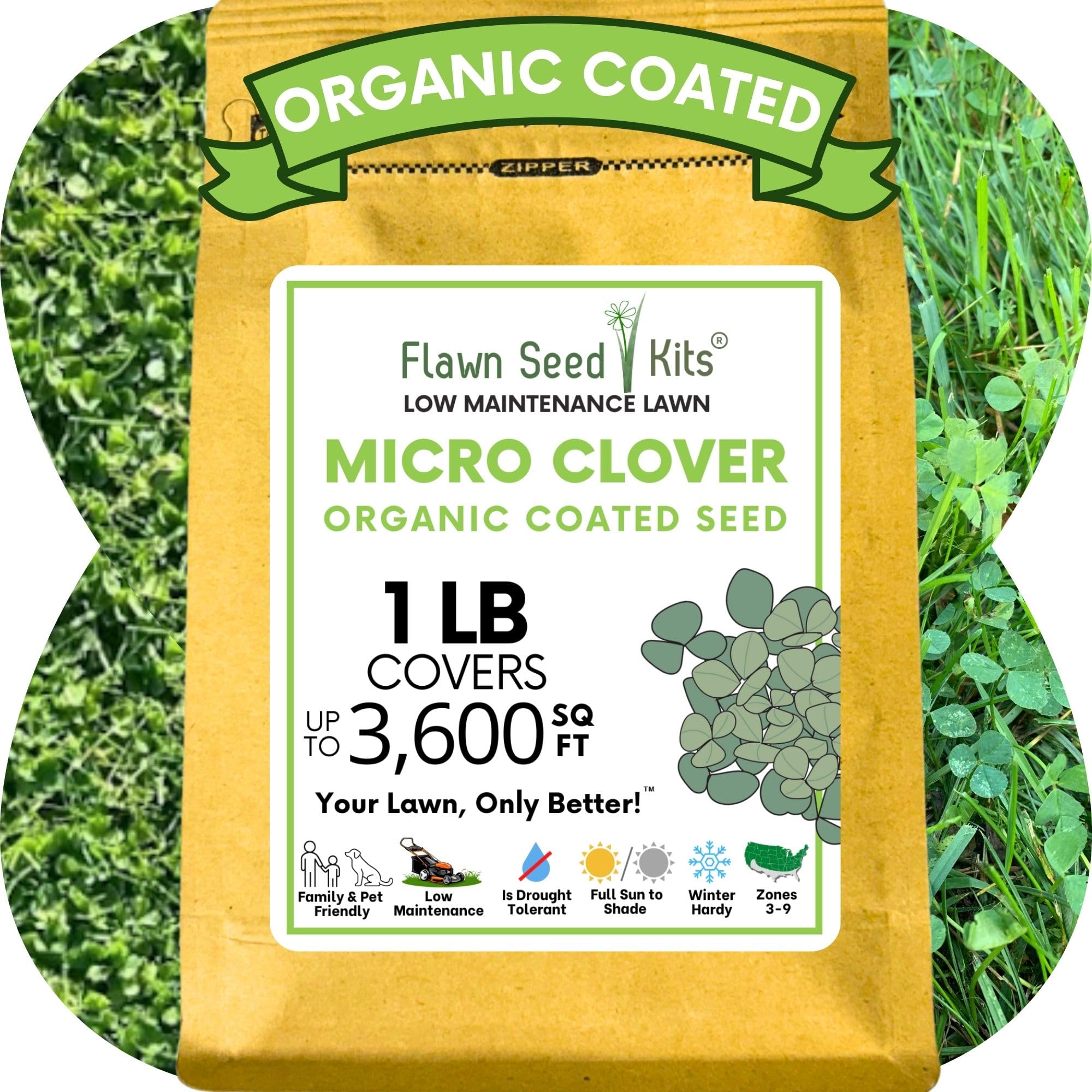 Flawn Seed Kits micro clover seed 1lb packet ready to spread for a low-maintenance lawn.
