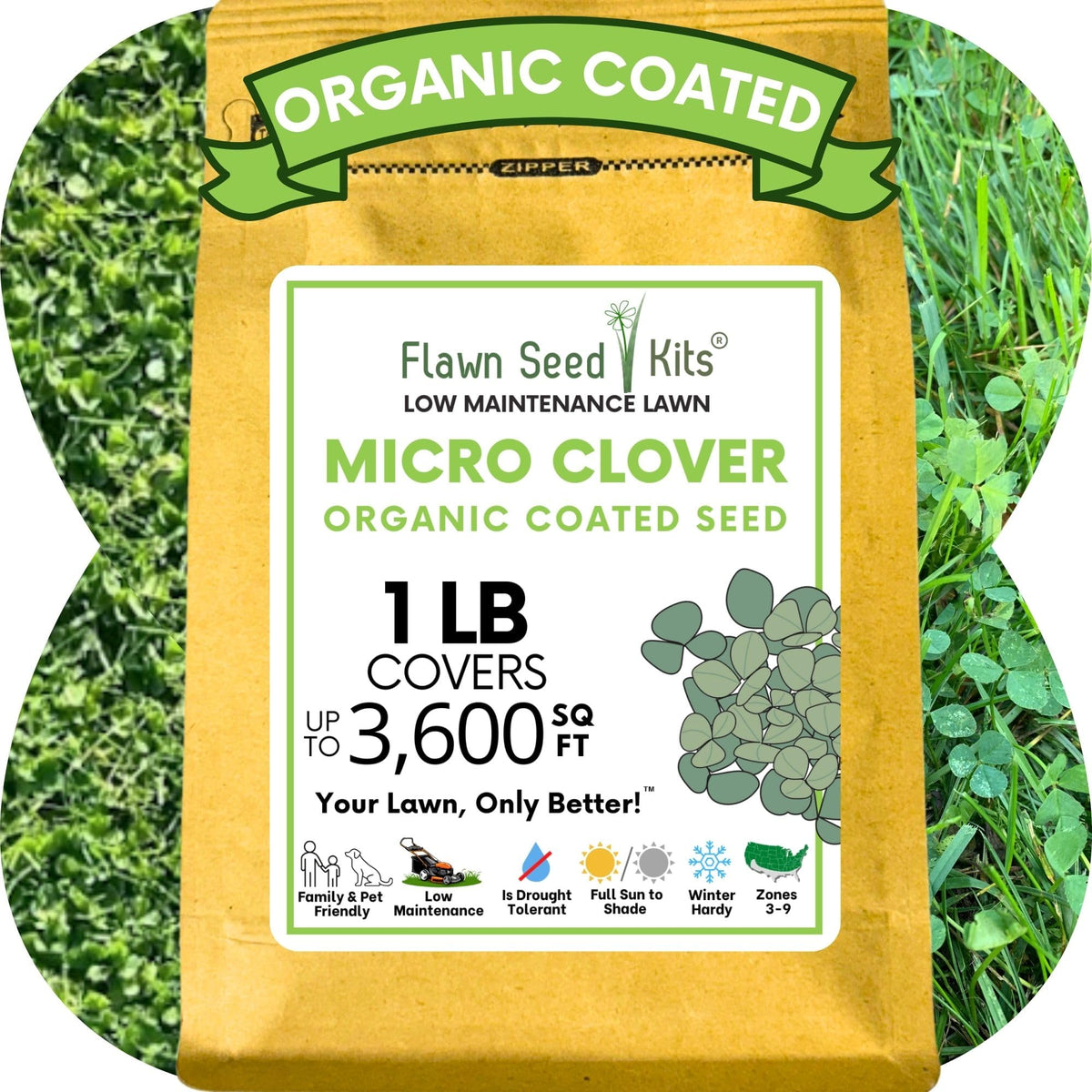 Flawn Seed Kits micro clover seed 1lb packet ready to spread for a low-maintenance lawn.