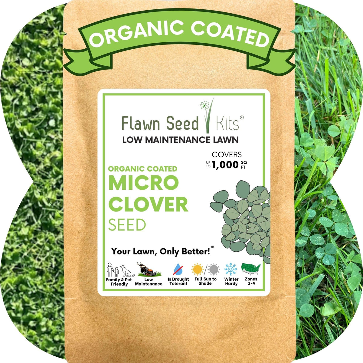 Flawn Seed Kits micro clover seed bag closeup highlighting organic coating for easy germination