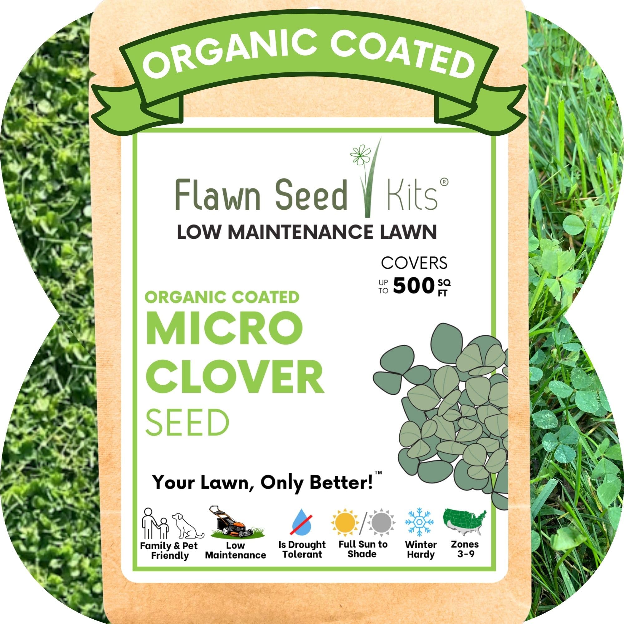 Flawn Seed Kits micro clover seed packaging for eco-friendly purchase.