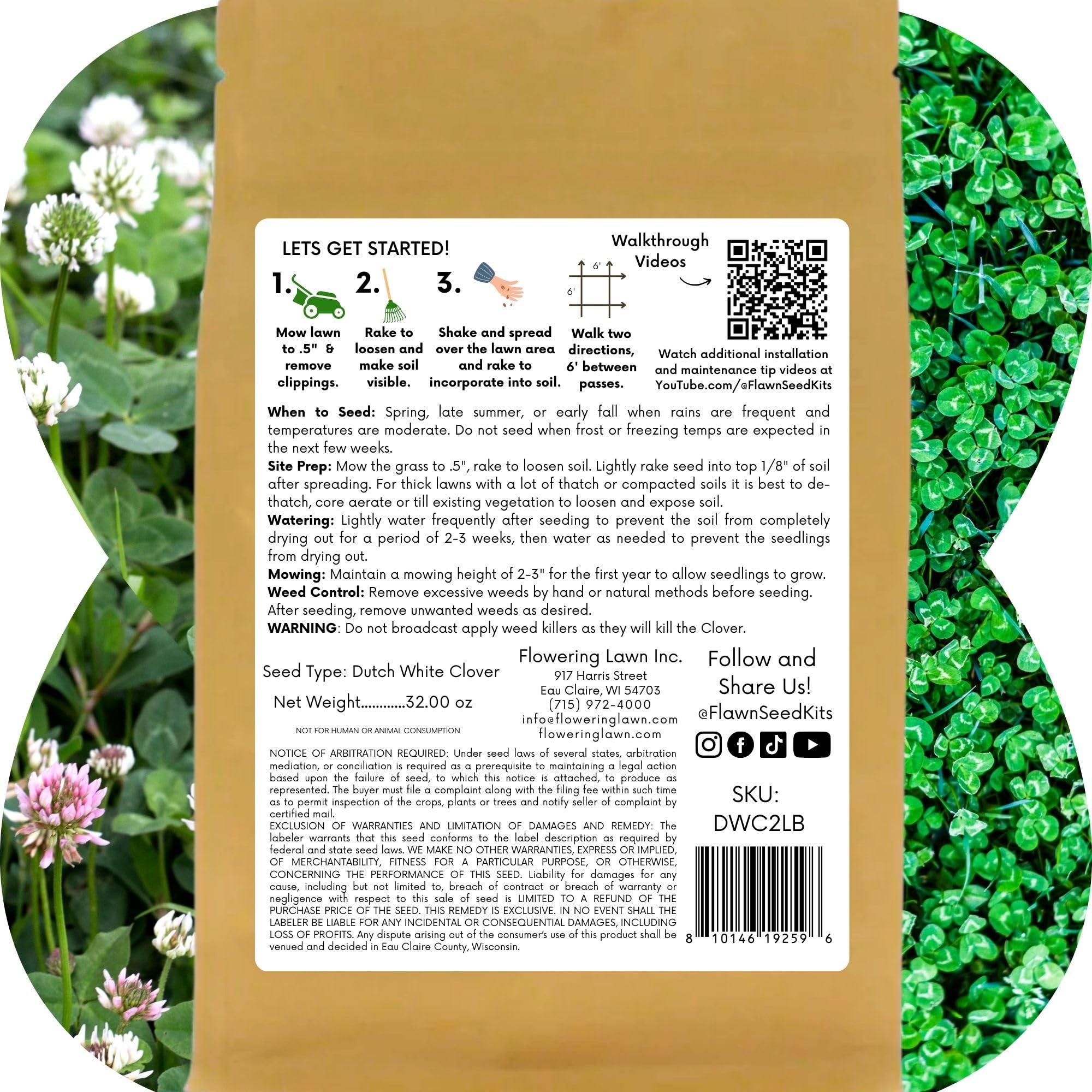 Flawn Seed White Dutch Clover ideal for backyard lawns and food plots.