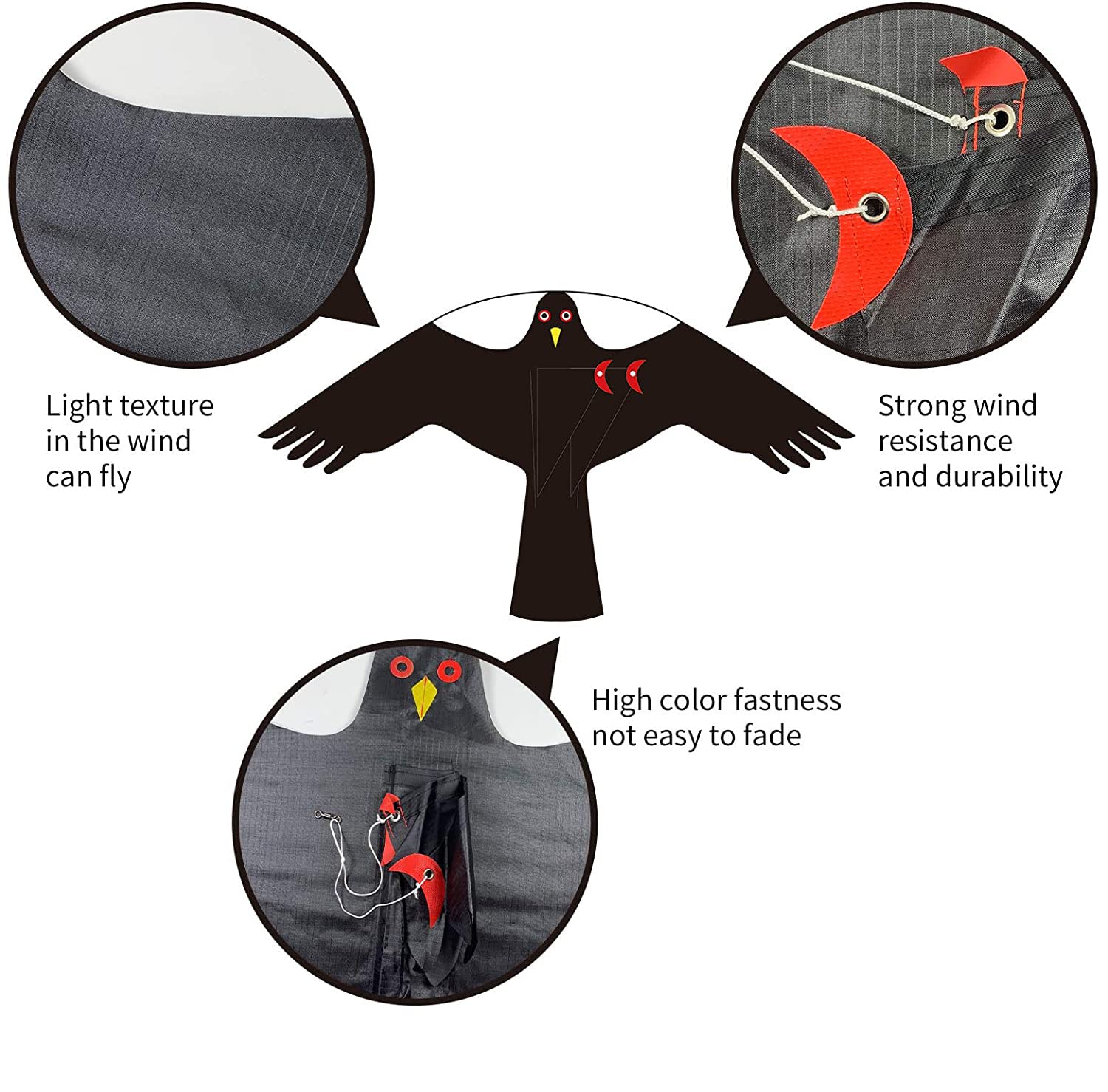 Flerigh bird scarer kite in wind, lifelike patterns deter pest flocks.